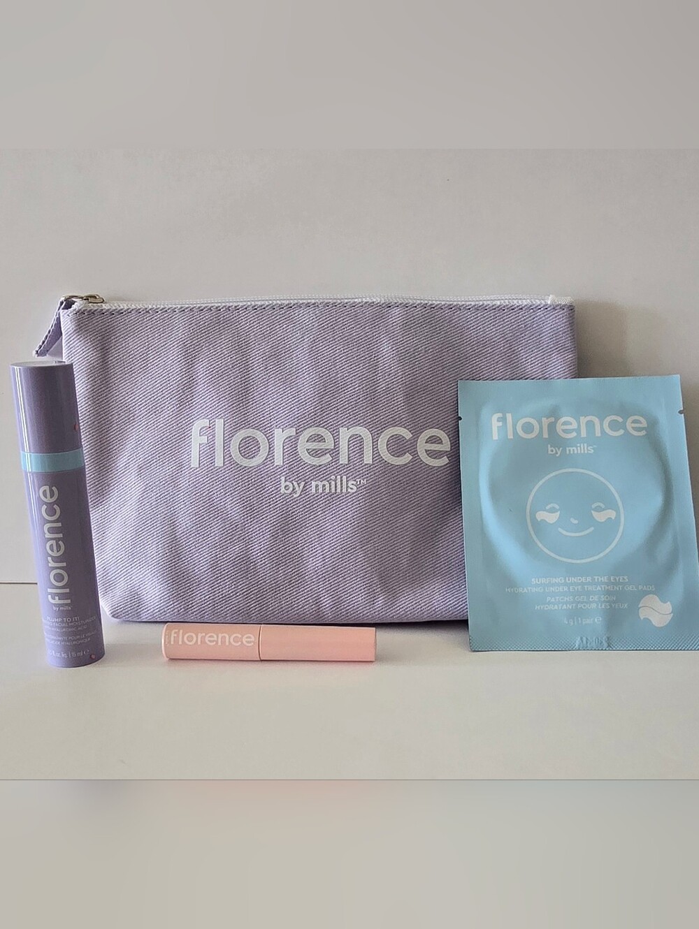Florence By Mills 4 Piece Set, Eye Gel Pads, Facial Moisturizer, Mascara, Bag